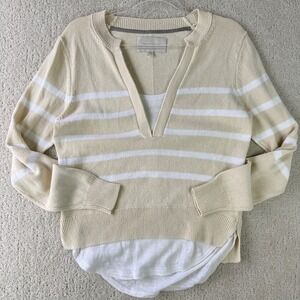 Brochu Walker Roan Layered Henley Women XS Beige White Striped Cotton Linen